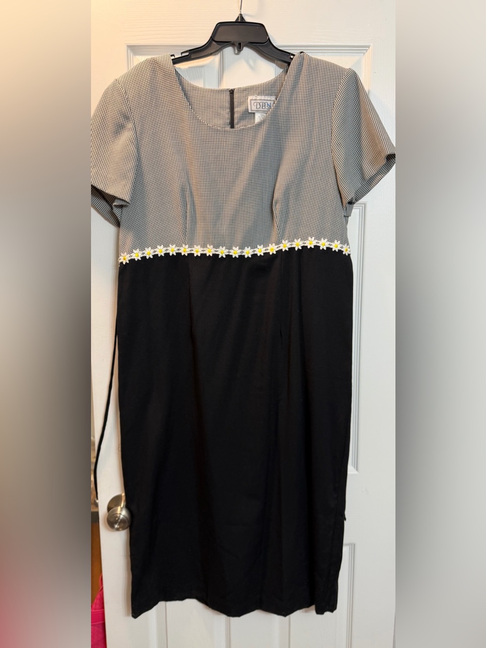90s Black Dress with Gingham Bodice & Daisy Trim